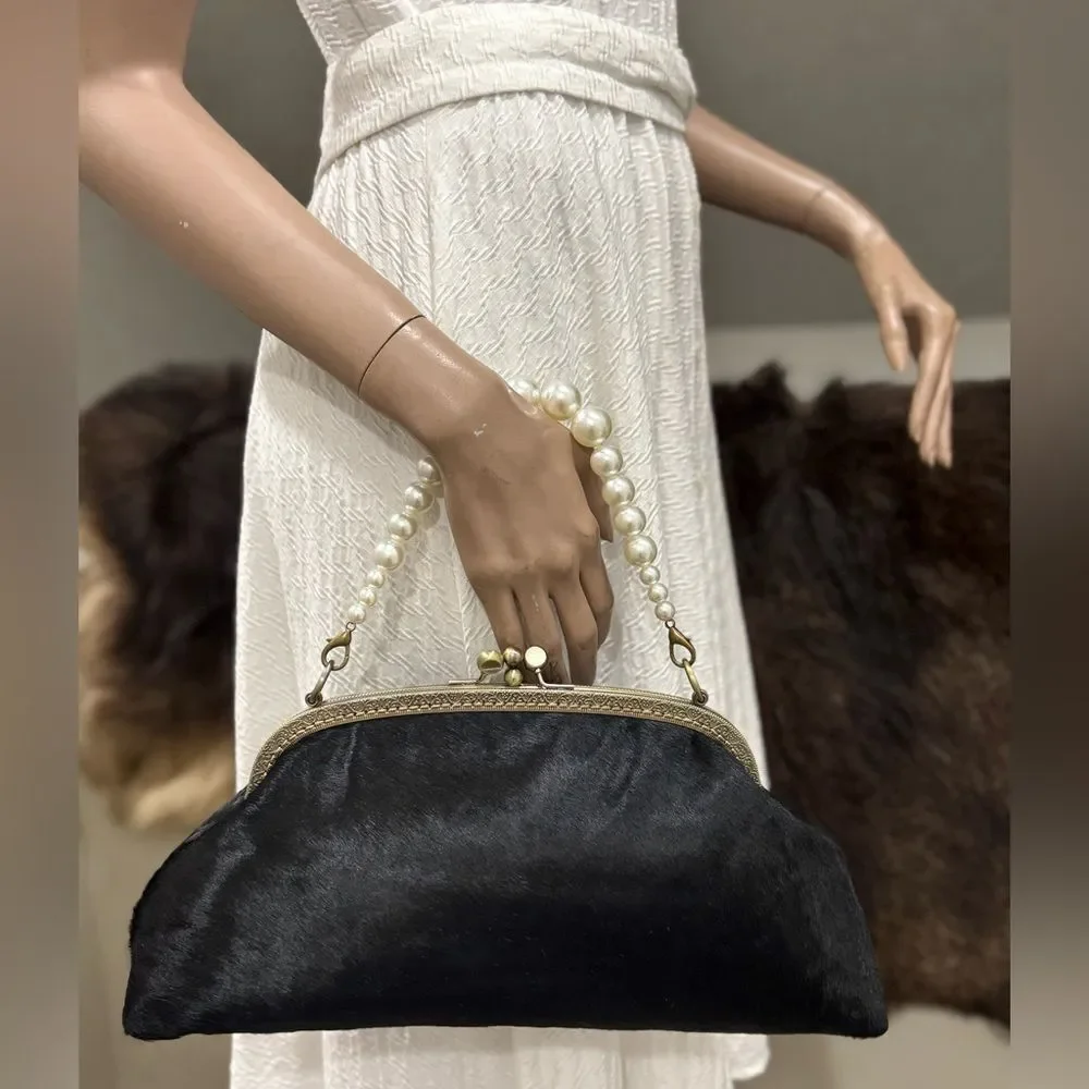 Black Real Hair-on-horsehide Handsewn Double Kiss-lock Clutch Bag/Crossbody